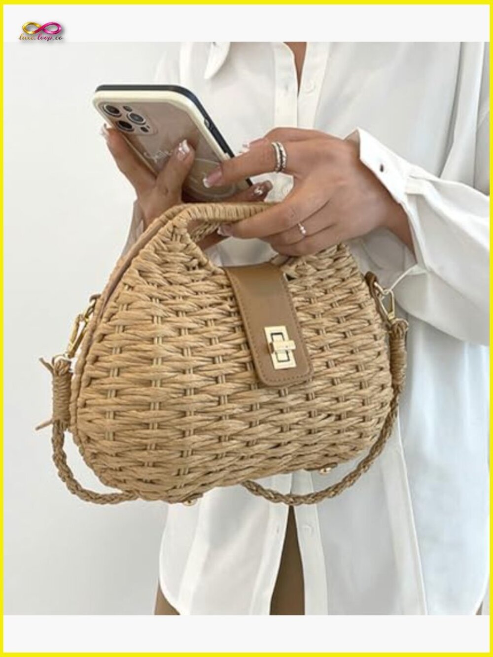 Straw Crossbody Bag Woven Rattan Purse Summer Beach Shoulder Bag Dumpling Shape - Picture 2 of 7